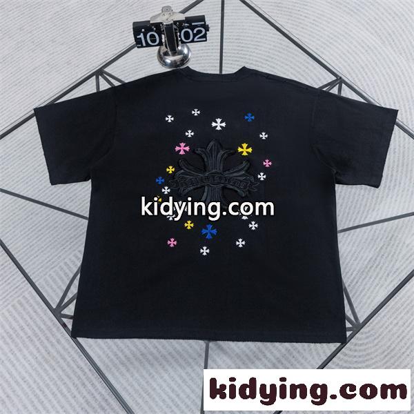 ホワイト 半袖Tシャツ Chrome Hearts クロムハーツ コピー 淡色フローラルクロス刺繍風 マルチカラー小クロス クルーネック ボックスシルエット-7
