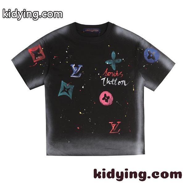 ペイントスプラッシュ 半袖Tシャツ Louis Vuitton マルチカラーLVプリント ルイヴィトン コピー ブラック ホワイト クルーネック-0