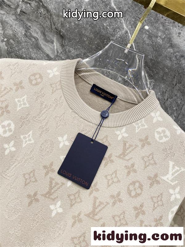 ベージュ 半袖ニットTシャツ Louis Vuitton モノグラム総柄 ルイヴィトン コピー 同色ロゴ編み クルーネック リブ襟-1