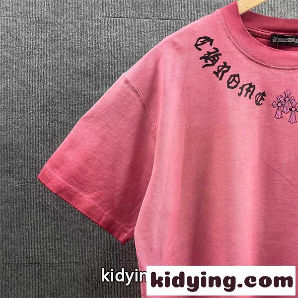 ピンク 半袖Tシャツ ネックロゴ クロスモチーフ バックプリント 甘辛ストリート クロムハーツ コピー Chrome Hearts-5