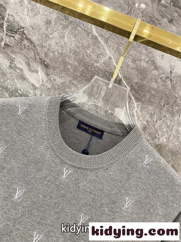 グレー 半袖ニットTシャツ Louis Vuitton LV総柄 ルイヴィトン コピー ワンポイントロゴ クルーネック リブ襟-2