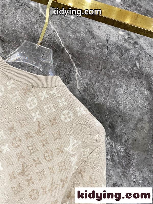 ベージュ 半袖ニットTシャツ Louis Vuitton モノグラム総柄 ルイヴィトン コピー 同色ロゴ編み クルーネック リブ襟-6