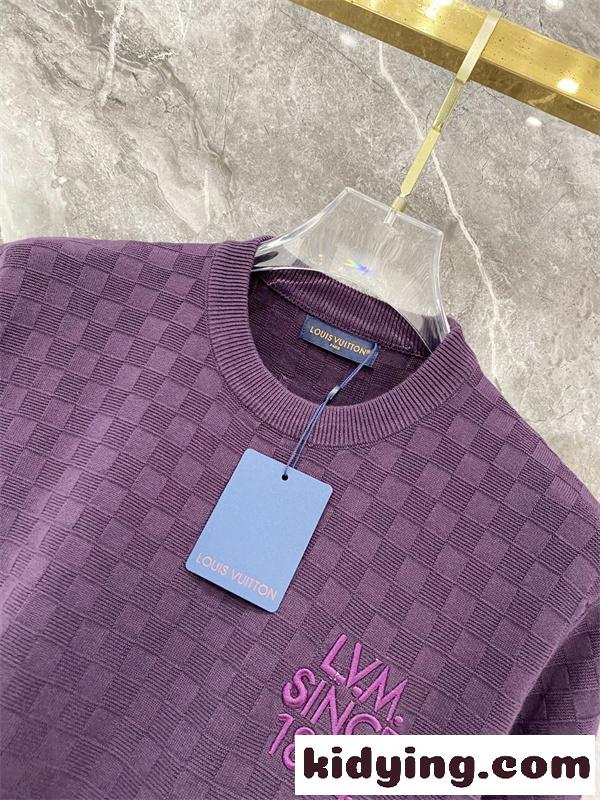 パープル 半袖ニットTシャツ Louis Vuitton ダミエ調編み柄 ルイヴィトン コピー 胸元ロゴ刺繍 クルーネック リブ襟-1
