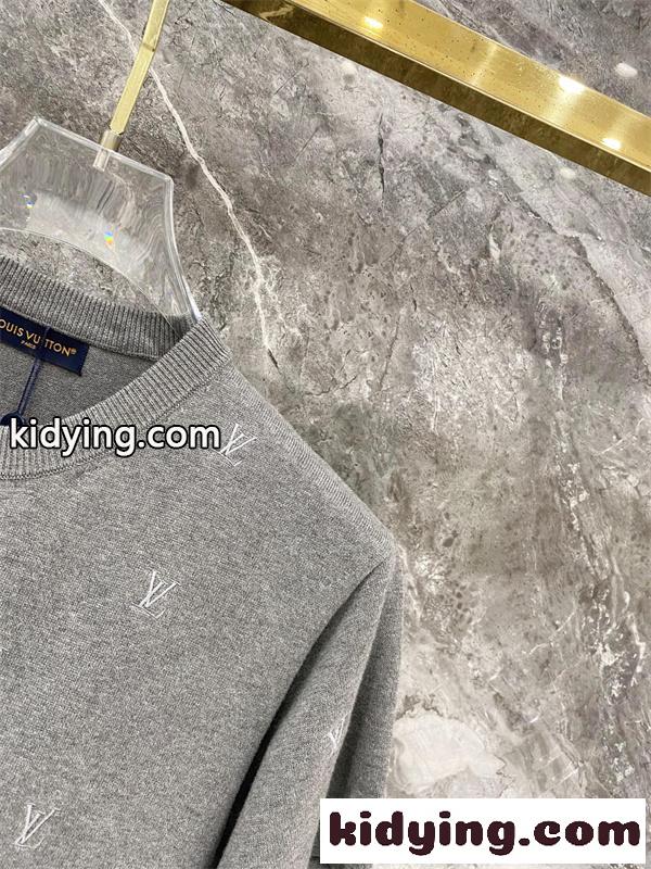 グレー 半袖ニットTシャツ Louis Vuitton LV総柄 ルイヴィトン コピー ワンポイントロゴ クルーネック リブ襟-3