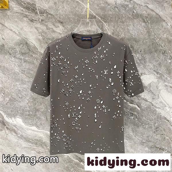グレー 半袖Tシャツ Louis Vuitton メタリックモノグラム ルイヴィトン コピー しずく柄プリント クルーネック 総柄デザイン-0