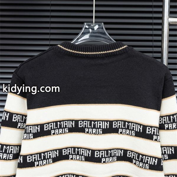 BALMAIN 偽物 秋冬ブランド 上質 ブラック × ホワイト ストライプ满印ロゴ ニットセーター バルマン-7