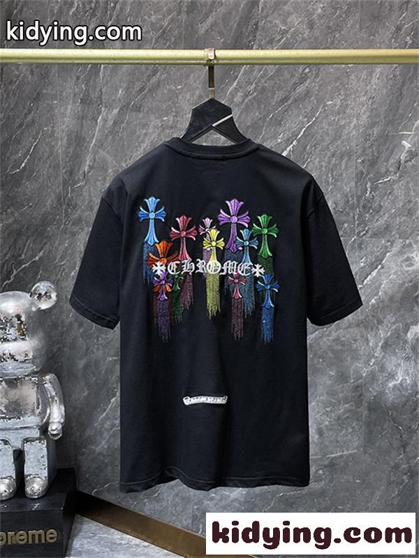 ホワイト 半袖Tシャツ Chrome Hearts クロムハーツ コピー マルチカラークロスロゴ バックデザイン 丸首 リラックスフィット ブラック-1