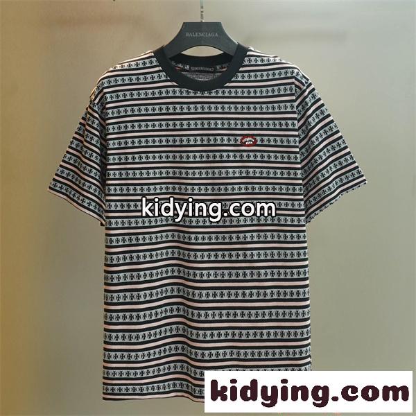 クロムハーツ コピー ボーダー 半袖Tシャツ ブラック ピンクグレー ワンポイント クルーネック Chrome Hearts-0