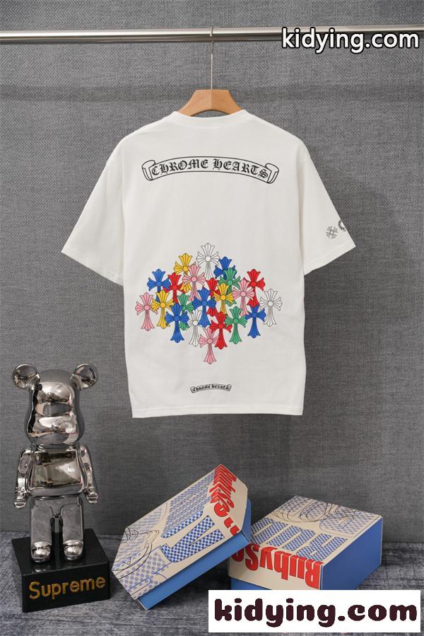 カラフルクロス バックプリント クロムハーツ スーパーコピー 半袖Tシャツ 胸ポケット付き ホワイト ブラック 夏 ストリート Chrome Hearts-1