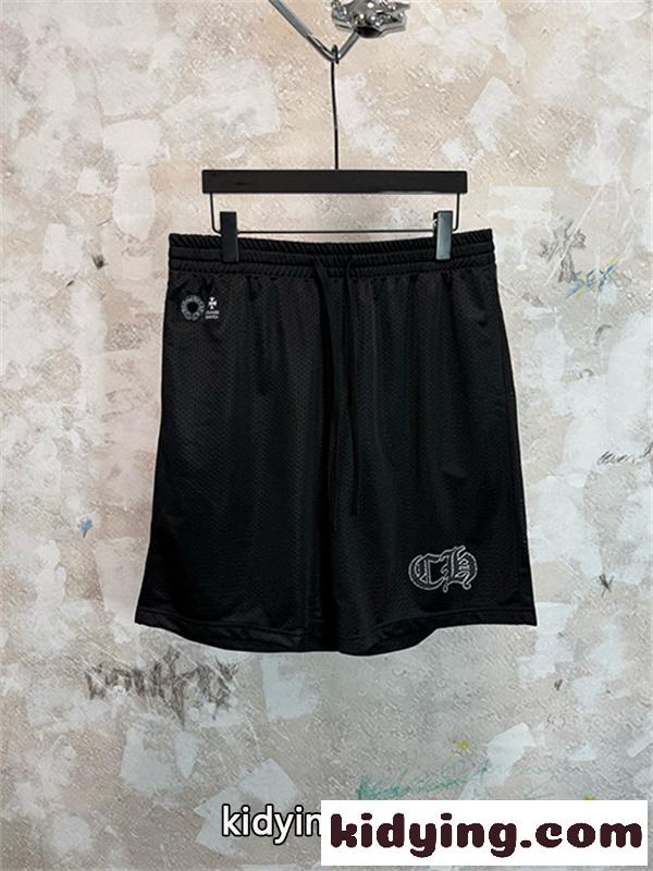 ブラック メッシュショーツ Chrome Hearts クロムハーツ コピー CHロゴ刺繍 ゴムウエスト ドローコード付き カジュアルハーフパンツ-1