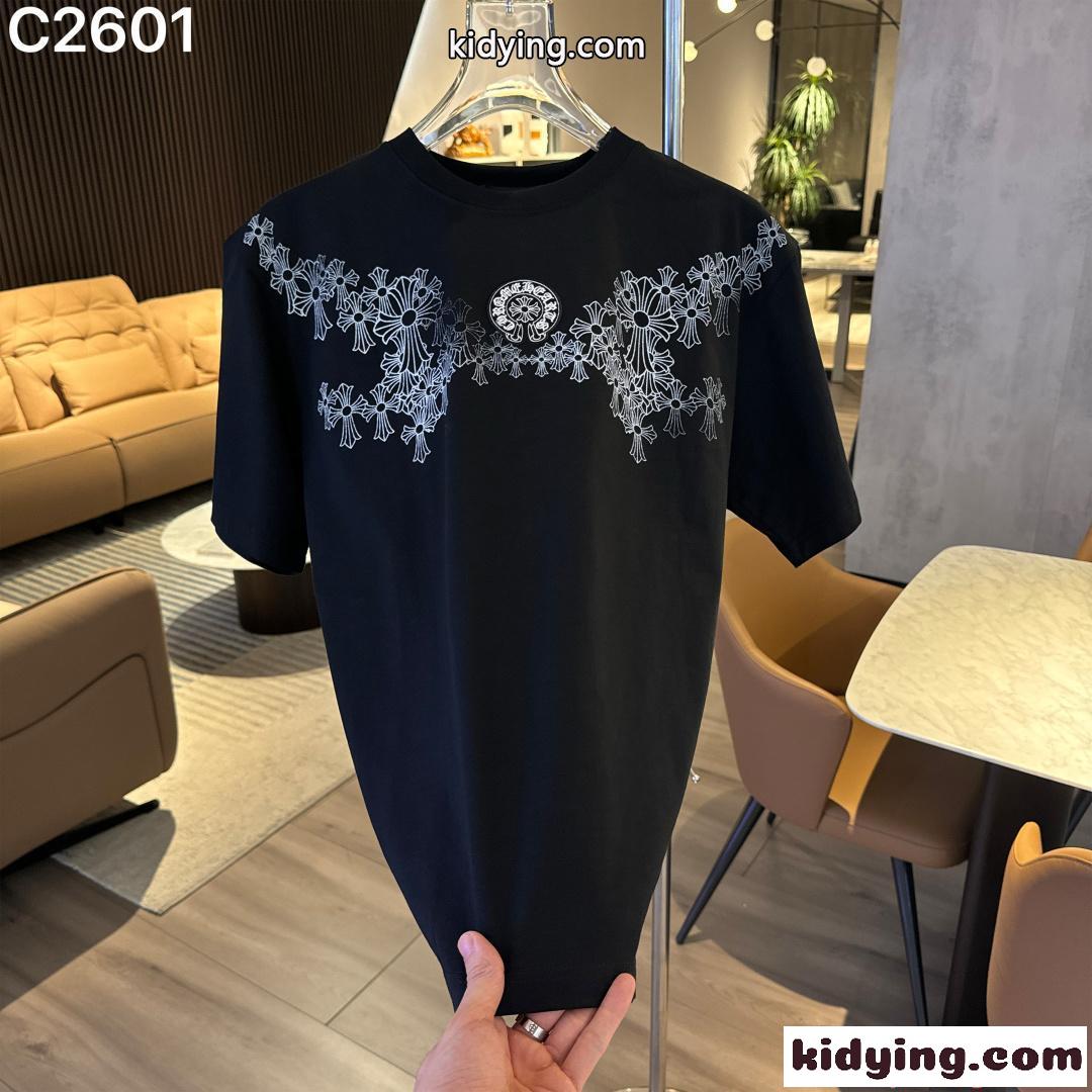 クロムハーツ コピー 半袖 Tシャツ ブラック ホワイト クロス刺繍ロゴ フラワーモチーフ ストリートファッション メンズ Louis Vuitton-1