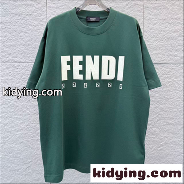 ディープグリーン 半袖Tシャツ FENDI フェンディ コピー ビッグロゴプリント FFミニパターン クルーネック ゆったりトップス-0