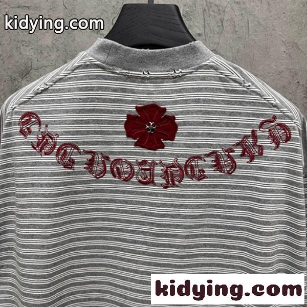 CHROME HEARTS クロムハーツ 2026新作 メンズ ボーダー 半袖Tシャツ クロス刺繍 オーバーサイズ ヴィンテージ風 高街系-4