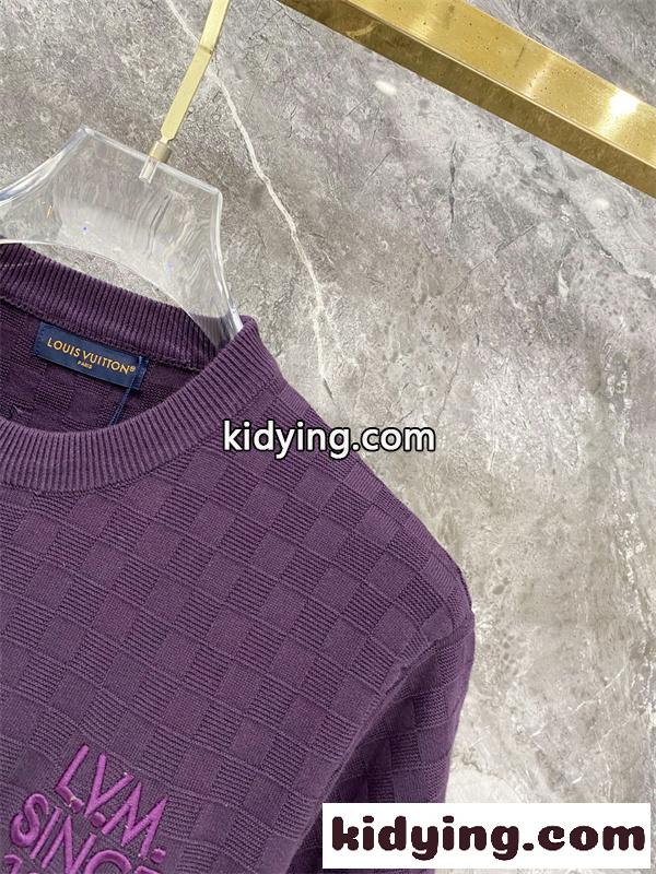 パープル 半袖ニットTシャツ Louis Vuitton ダミエ調編み柄 ルイヴィトン コピー 胸元ロゴ刺繍 クルーネック リブ襟-3