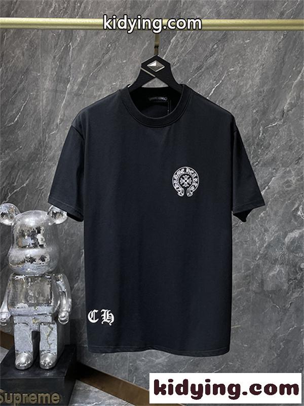 ブラック ホワイト 半袖Tシャツ Chrome Hearts クロムハーツ コピー 胸元サークルプリント カラーロゴ 丸首 カジュアルトップス-1