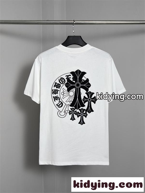 ホワイト 半袖Tシャツ Chrome Hearts クロムハーツ コピー 胸元ワンポイントロゴ バックビッグクロスグラフィック クルーネック モノトーンデザイン-1