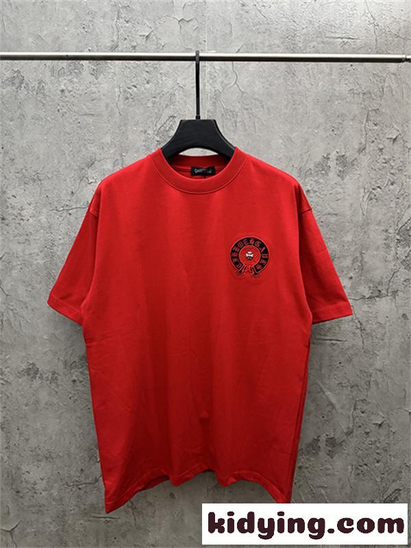 レッド 半袖Tシャツ Chrome Hearts クロムハーツ コピー 胸元サークルロゴ クルーネック ワンポイントデザイン ゆったりシルエット-1