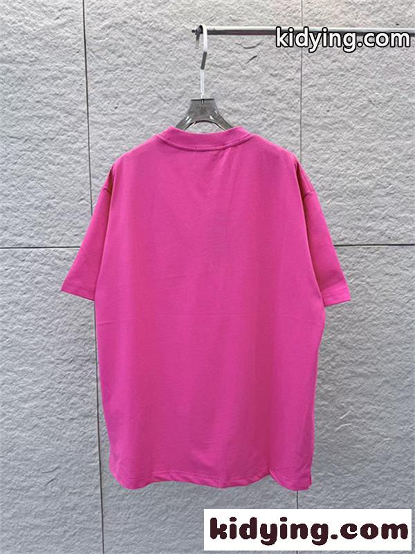 ビビッドピンク 半袖Tシャツ BALENCIAGA バレンシアガ コピー ダブルロゴプリント クルーネック ゆったりシルエット メンズカジュアル-5