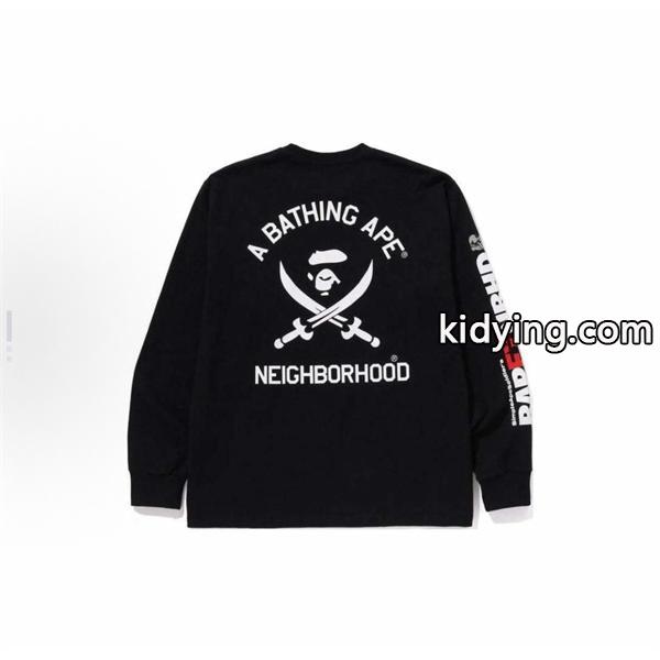 ベイプ BAPE コピー 秋冬 高品質 ホワイト ネイバーフッド コラボ スカル猿人头 長袖 T シャツ-7