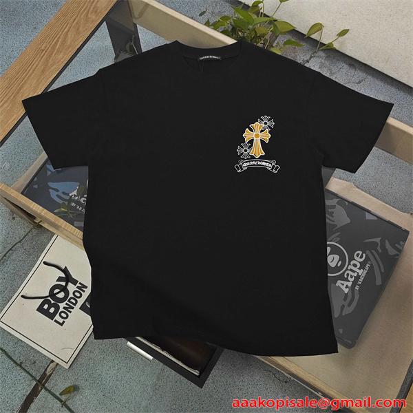 クロムハーツ コピー 半袖Tシャツ Chrome Hearts クロスフラワー ロゴプリント ホワイト ブラック バックデザイン クルーネック カジュアル ストリート-2