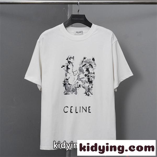 セリーヌコピー Tシャツ 半袖 アニマルプリント ドッグモチーフ メンズ レディース シンプル カジュアル 人気 夏 新作 CELINE 白-0