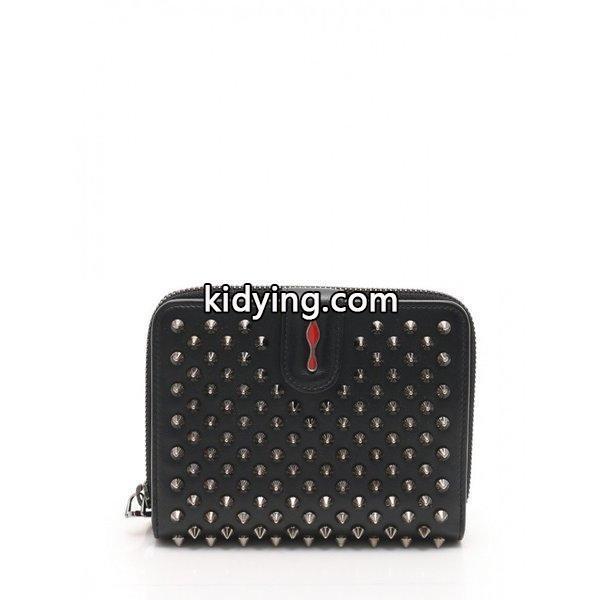 クリスチャン ルブタン Christian Louboutin PANETTONE パネトーネ コンパクトウォレット 二つ折り財布 レザー 黒 スパイクスタッズ レディース 通販-0