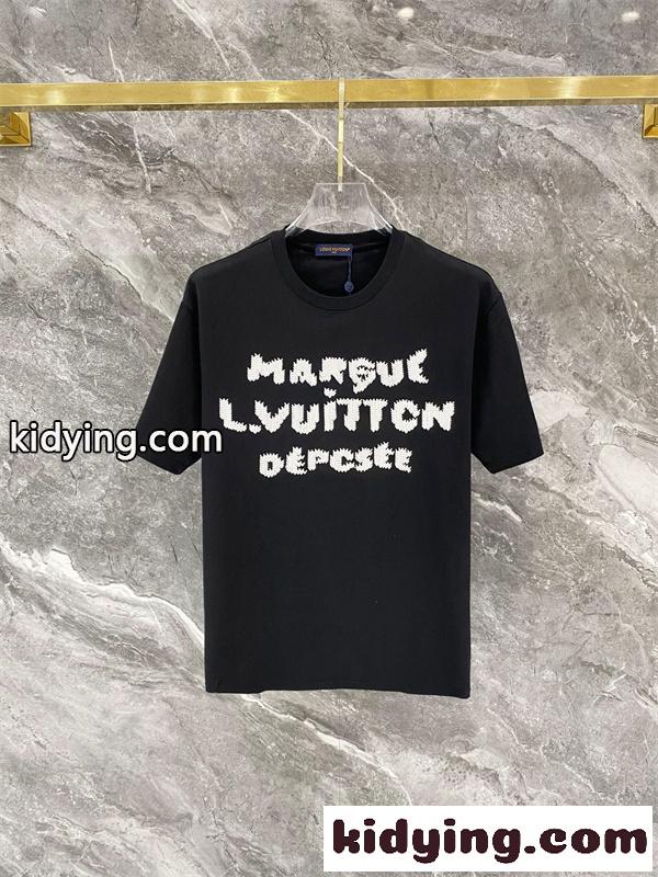 ライトブルー 半袖Tシャツ Louis Vuitton フロント英字ロゴ ルイヴィトン コピー ふわふわ文字プリント クルーネック-3