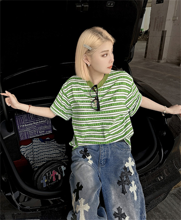 ブルー ホワイト ボーダー半袖Tシャツ クルーネック 細ピッチライン ゆったりシルエット カジュアルトップス-3
