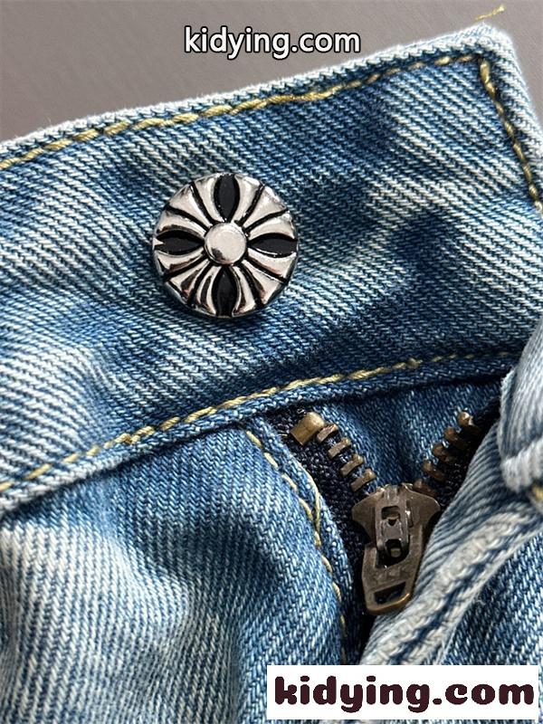 ライトブルー デニムショーツ Chrome Hearts クロムハーツ コピー マルチカラーロゴ クロスプリント ウォッシュ加工 ハーフパンツ-7
