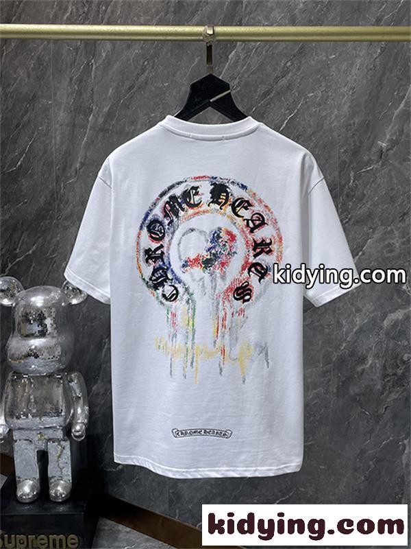 ブラック ホワイト 半袖Tシャツ Chrome Hearts クロムハーツ コピー 胸元サークルプリント カラーロゴ 丸首 カジュアルトップス-8