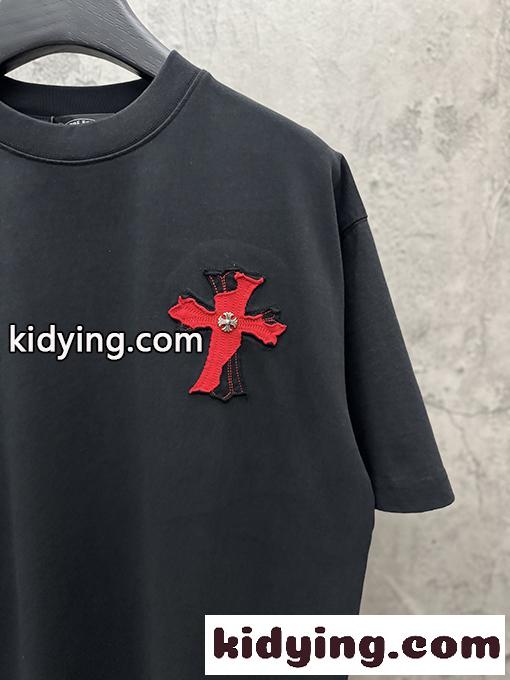 ディープグリーン 半袖Tシャツ Chrome Hearts クロムハーツ コピー 胸元サークルロゴ 同色刺繍調 クルーネック ゆったりシルエット-4