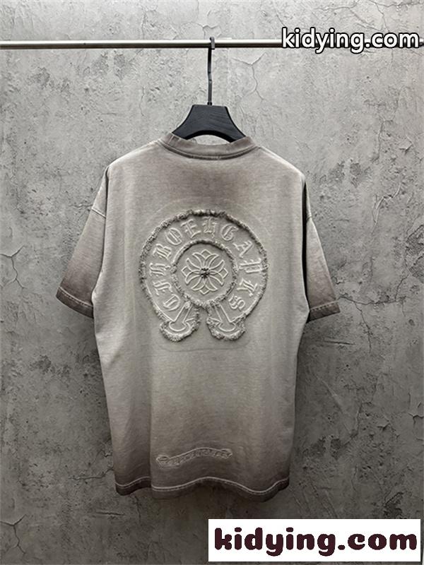 ピンク 半袖カットソー Chrome Hearts クロムハーツ コピー トーンロゴ ワンポイント刺繍風 ウォッシュ加工 丸首 カジュアルトップス-5