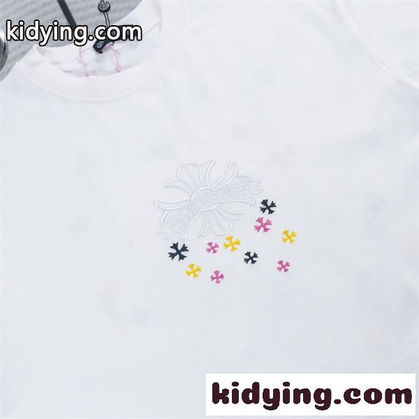 ホワイト 半袖Tシャツ Chrome Hearts クロムハーツ コピー 淡色フローラルクロス刺繍風 マルチカラー小クロス クルーネック ボックスシルエット-2