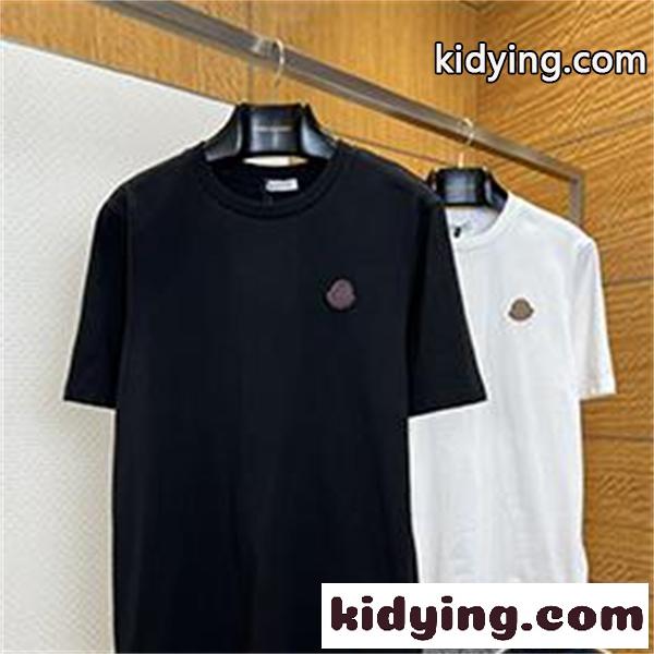 ホワイト ブラック 半袖Tシャツ MONCLER モンクレール コピー 胸元ロゴワッペン クルーネック 無地調 シンプルカジュアルトップス-0