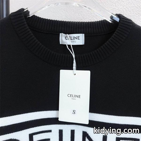 CELINE セリーヌ 偽物 2025秋冬 ブラック×ホワイト ボーダーロゴ ニット セーター 人気急上昇アイテム-1