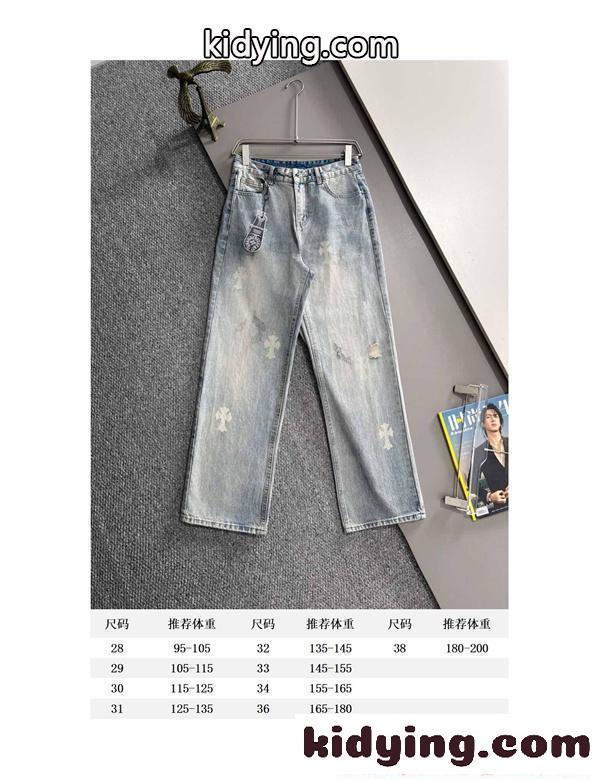 ライトブルー デニムパンツ クロスモチーフ ダメージ加工 ウォッシュ感 ストレート見え カジュアル クロムハーツ コピー Chrome Hearts-9