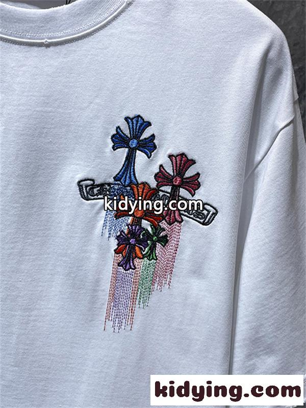 ホワイト 半袖Tシャツ Chrome Hearts クロムハーツ コピー マルチカラークロスロゴ バックデザイン 丸首 リラックスフィット ブラック-10