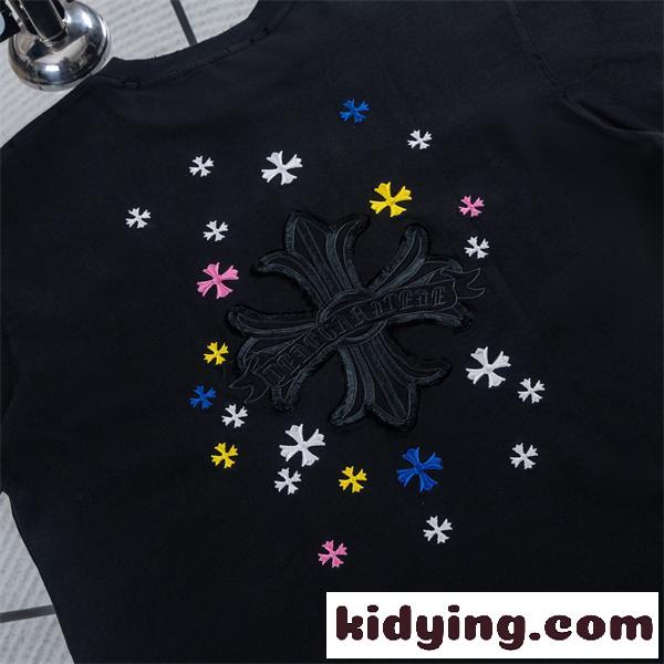 ホワイト 半袖Tシャツ Chrome Hearts クロムハーツ コピー 淡色フローラルクロス刺繍風 マルチカラー小クロス クルーネック ボックスシルエット-9
