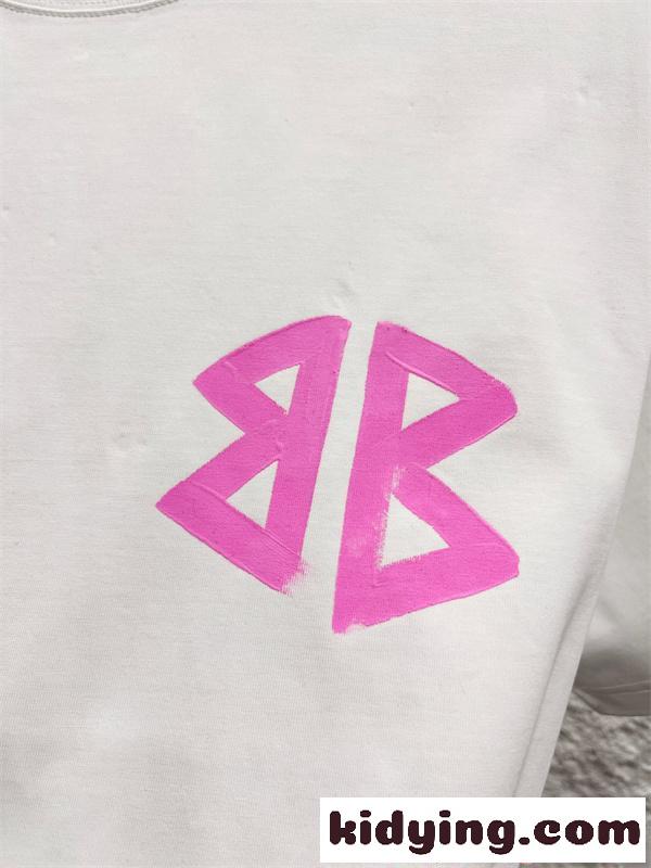 白Tシャツ 半袖 バレンシアガ コピー ピンク 手描き風 Balenciaga シンプル ストリート グラフィティ風-3