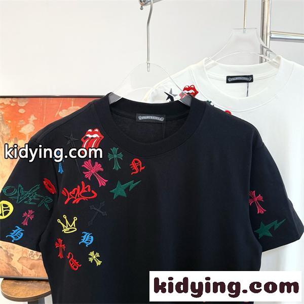 クロムハーツ コピー Tシャツ 多彩刺繍 ブラック 星 十字架 Chrome Hearts カジュアル 日常-9