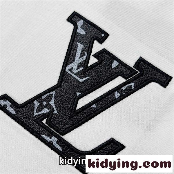 ホワイト 半袖Tシャツ Louis Vuitton センターロゴ ルイヴィトン コピー モノグラム柄LV刺繍風 クルーネック 裾袖ロゴプリント-4