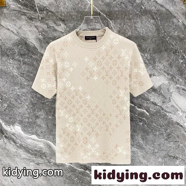 ベージュ 半袖ニットTシャツ Louis Vuitton モノグラム総柄 ルイヴィトン コピー 同色ロゴ編み クルーネック リブ襟-0