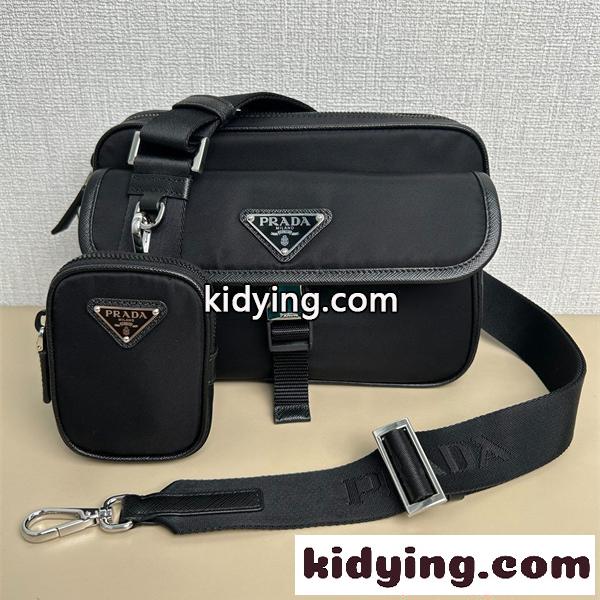 ショルダーバッグ PRADA コピー バッグ 本革 トライアングルディテール プラダ ブラック 取り外しミニポーチ付き 軽量 防水風-0