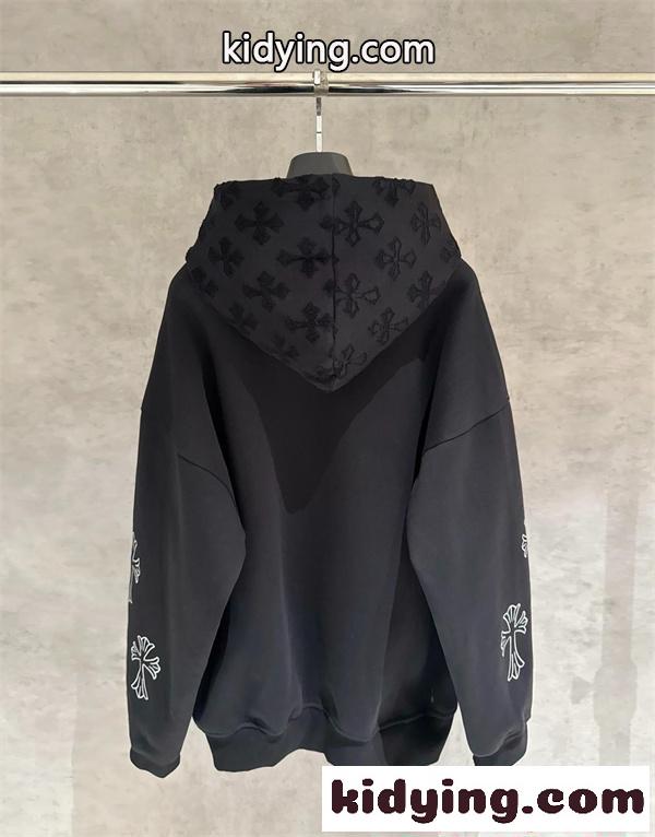 クロムハーツ コピー パーカー 刺繍ロゴ 袖クロスモチーフ フード総柄 十字デザイン カジュアル Chrome Hearts ブラック-1