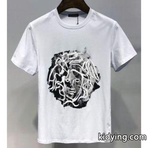 限定セール最新作アメカジ系ロゴプリント半袖tシャツVERSACEヴェルサーチ 通販男性用かっこいいブラックホワイト-0