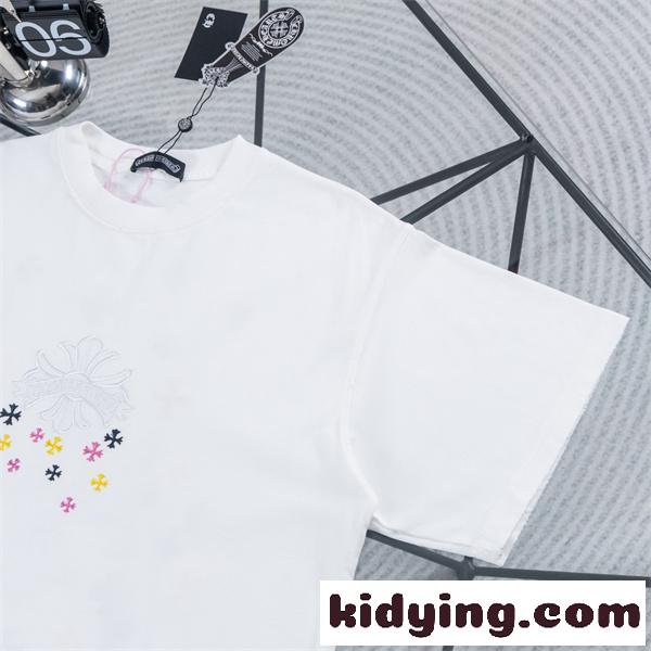 ホワイト 半袖Tシャツ Chrome Hearts クロムハーツ コピー 淡色フローラルクロス刺繍風 マルチカラー小クロス クルーネック ボックスシルエット-1