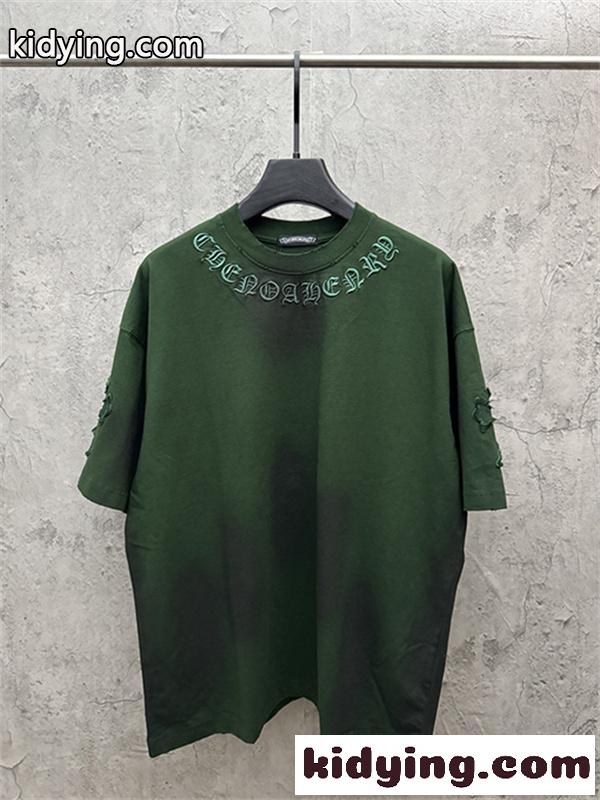 グリーン 半袖Tシャツ Chrome Hearts クロムハーツ コピー ネックゴシックロゴ ウォッシュグラデーション クロスワッペン風 ゆったりシルエット-1