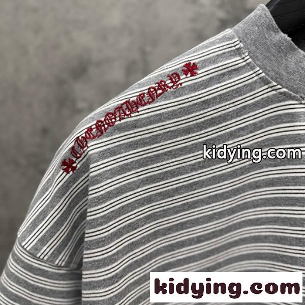 CHROME HEARTS クロムハーツ 2026新作 メンズ ボーダー 半袖Tシャツ クロス刺繍 オーバーサイズ ヴィンテージ風 高街系-5