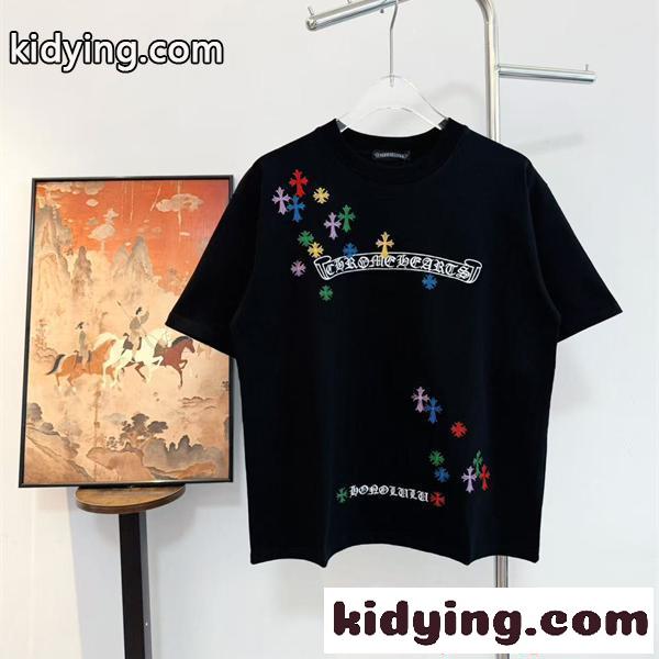 CHROME HEARTS 人気 カラフルクロス ロゴ刺繍 ブラック 半袖 Tシャツ 映えデザイン クロムハーツ コピー-0