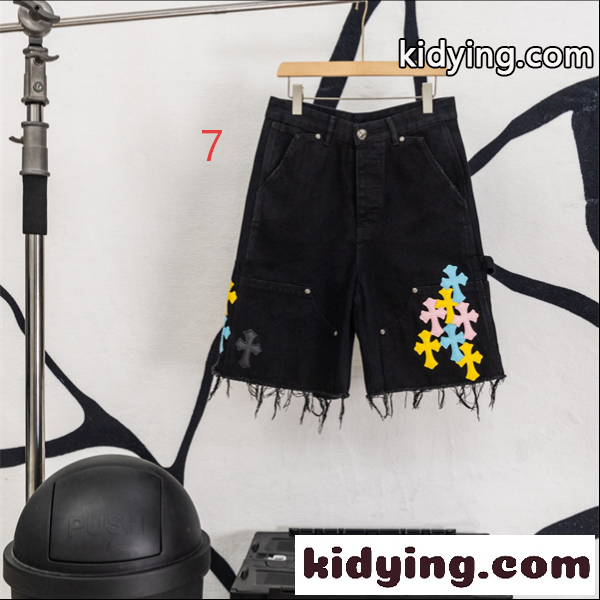 ブラックデニム ショートパンツ Chrome Hearts クロスパッチ装飾 クロムハーツ コピー カットオフ裾 レッドホワイト ワイドポケット-6